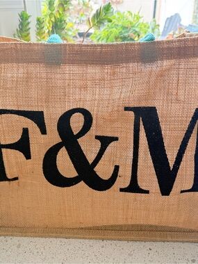 Large F&M Jute Tote Bag with Black Lettering